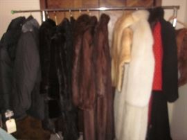 Rack of Fur Coats, many minks, fox, beaver.  A few minks are in poor condition and priced under $50 for craft purposes.