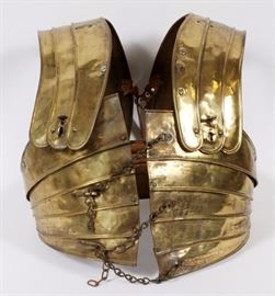 Lot#5, A HAND-HAMMERED CUIRASS FROM "BEN-HUR"Metro-Goldwin-Mayer, 1959. A stylized "lorica segmentata" made from hand-hammered metal, possibly copper, with brown leather straps and buckles, and chain locks.

Provenance: David Weisz Co., MGM Auction and Tag Sale, 1970.
