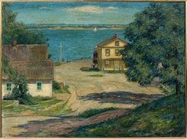 Lot#1, ERNEST HARRISON BARNES, (1873-1955) OIL ON CANVAS H 24'', W 30'', VILLAGE ALONG A LAKE.Depicts a cottage on the shore of a lake with a sailboat in the distance. Signed E. H. Barnes lower left.