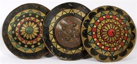 Lot#7, A GROUP OF PROP SHIELDS FROM MGM STUDIOS. A GROUP OF PROP SHIELDS FROM MGM STUDIOS. Metro-Goldwin-Mayer, circa 1950's. A group of three painted metal aspides-style shields from "Ben-Hur" and "Quo Vadis". All three with polychrome painted designs to front and a cloth or leather arm strap to back. One shield with painted detail to back, depicting horse head and bust in white paint. Dia. of each 20 1/4".