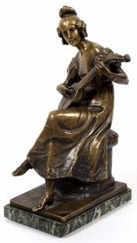 Lot#83, KARL HACKSTOCK (AUSTRIAN, 1855-1919), BRONZE SCULPTURE OF YOUNG GIRL PLAYING A MANDOLIN, C. 1918, H 11"Signed, on green marble base.  Karl Hackstock, Austrian, 1855-1919, 11 1/2" H.