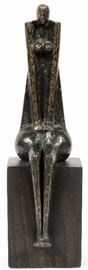 Lot#85, MORRIS BROSE, BRONZE, ABSTRACT SCULPTURE, H 14", L 4", D 4", SEATED NUDE FEMALE FIGURE. Depicts an abstract form of a woman on wood block plinth. Signed along seated figure's leg. Purchased from the Lee Hoffman.