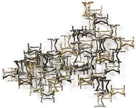 Lot#71, MODERN METALLIC WALL SCULPTURE, H 41", L 32"Free-form design in various color metals.  Unsigned.