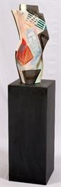 Lot#93, ART POTTERY SCULPTURE & PEDESTAL, SIGNED H 29", W 12" D 6"Modern abstract free-form piece, on square pedestal.  Illegibly signed. Dated '88.