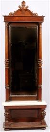 Lot#98, VICTORIAN WALNUT PIER MIRROR AND WHITE MARBLE TOP CONSOLE, H 94", W 32", D 10",having a scroll form arches crest above a large rectangular mirror flanked by tapered spindles all resting on a lower marble shelf supported by turned spindles above a bottom shelf, all supported on bun feet.