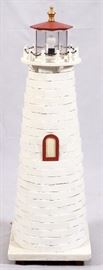 Lot#111, AMERICAN FOLK-ART, WOOD, LIGHTHOUSE, ELECTRIFIED, LATE 20TH C, H 48"American folk-art light house made of cut  2x4's and painted white, red painted framed glass top with wired electric light bulb.