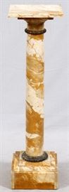 Lot#114, ITALIAN MARBLE PEDESTAL, CIRCA 1900, H 41", L 12", D 12"A one piece gold veined marble pedestal with decorated bronze collar and having square base and upper platform.  Total size H 41.25", L 11.75", D 11.75".