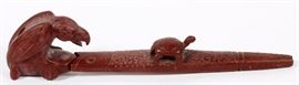 Lot#123, SIOUX CARVED RED PIPESTONE FISH, TURTLE, & BIRD FORM PIPES, 2 PIECES, H 2"- 3 1/4"Including one bird form pipe, H.3 1/4" x 4 3/4" x 2 1/4"; together with another turtle and fish form carved pipe, H.2" x 12 3/4".
