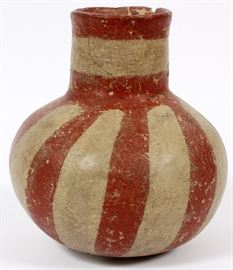 Lot#132, QUAPAW,  MISSISSIPPIAN CULTURE POLYCHROME POTTERY JAR, H 8", DIA 6 1/2"Pitched red painted stripes about the body with a red ring about the rim of the neck.  Crittenden County, Arkansas, from the F. Morast Collection.