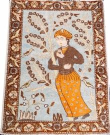 Lot#151, OLD PERSIAN TABRIZ WOOL RUG, 3' X 2' 2"Having a light blue ground, three borders, with tree of life design, a bird and a figure in native Persian costume.