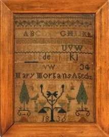 Lot#166, AMERICAN SAMPLER, 1836, H 12", L 9.25"Embroidery on linen, dated 1836, signed Mary Morgans Age 12.  Framed and matted under glass.