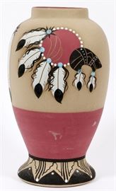 Lot#203, BETTY SELBY, SOUTHWEST EARTHENWARE VASE, 1992, H 15", DIA 8 1/2"A baluster form pottery vase, decorated with a Native American feather motif.  Numbered, dated, and signed at the underside.