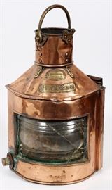 Lot#215, GREAT LAKES STEAMER, PUT-IN-BAY, ANTIQUE "STARBOARD" RUNNING LIGHT, BRASS & COPPER LANTERN, C.1939,Telford, Grier & Mackay, Manufacturers, 16 Carrick St., Glasgow. Stamped 1927 on the top of the lantern. The back is stamped WTG 1939. Purchased by Leo McPharlin from Nate Silverstein the steel company and salvage yard owner who purchased for salvage the de-commissioned Great Lakes steamer and excursion ship "Put-In-Bay". Contents from which this lantern was removed.