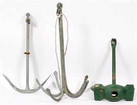 Lot#217, ANTIQUE IRON ANCHORS (3), EARLY 20TH C. GREAT LAKES STEAMER, THE PUT-IN-BAY. Purchased by Leo McPharlin from Nate Silverstein the steel company and salvage yard owner who purchased for salvage the de-commissioned Great Lakes steamer and excursion ship "Put-In-Bay" contents from which these anchors were removed.