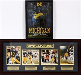 Lot#286, PHOTOS, T. BRADY, D. HOWARD, C. WOODSON, B. EDWARDS; 100TH GAME, MICHIGAN STADIUM; UNIVERSITY OF MICHIGAN HOLOGRAM POSTER, 3 PCS.Photo Collage, "University of Michigan All-Time Great  Wolverines", framed, matted under glass including Tom Brady, Desmond Howard, Charles Woodson, Braylon Edwards. Unframed color print of the 100th game at University of Michigan Stadium. 2013 University of Michigan Hologram framed poster with schedule depicts past former players and 2013 players. University of Michigan sports collection of Frederick C. Matthaei, Jr. Estate of Frederick C. Matthaei, Jr. from the Pretzel Bell.