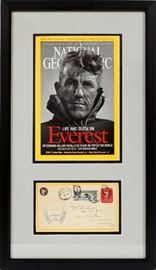 Lot#302, SIR EDMUND HILLARY, SIGNED FIRST DAY COVER AND NATIONAL GEOGRAPHIC MAGAZINE, H 16", W 7"First day cover stamped: "Lindbergh Again Flies The Air Mail " Springfield, ILL, 2-20-28" and signed by Sir Edmund Hillary in black ball point. Also includes a complete copy of National Geographic Magazine dated May 2005 with Sir Edmund Hillary on the cover. Additional insert which was mailed with the magazine on the verso along with a Certificate of authenticity. Framed and matted under glass.