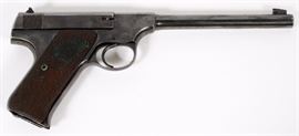 Lot#336, COLT "THE WOODSMAN", SEMI-AUTOMATIC PISTOL, #72319 1930, L 6 5/8" BBL. Having a blued finish, 6 5/8" barrel with 10 round capacity magazine, walnut checkered grips. Serial number 72319 dates pistol to 1930. includes fitted leather holster.