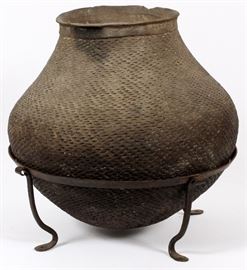 Lot#341, NATIVE AMERICAN TERRA COTTA CORRUGATED OLLA JAR, H 12" W 15"with metal stand.