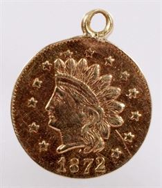 Lot#400, CALIFORNIA INDIAN HEAD 1/2 DOLLAR GOLD COIN/PENDANT, 1872. An 1872 1/2 Dollar California coin with loop for pendant.