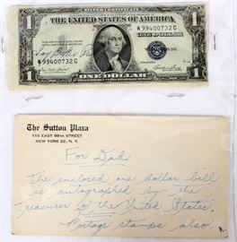 Lot#399, $1.DOLLAR SILVER CERTIFICATE NOTE SERIAL # W-99400732-G, CRISP UNUSED, BEARS A SIGNATURE. 1935-E (1)1935-E Bears a signature, paper currency U.S.Note, bears a signature -  # W-99400732-G, (1)./ ' 'NO GUARANTEE OF SIGNATURE'    AS IS CONDITION.  Njd.   -