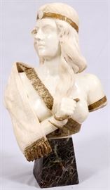 Lot#1001, EGYPTIAN REVIVAL MARBLE BUST, CIRCA 1890, H 30", W 17", CLEOPATRA. A white Carrara marble bust of Cleopatra. Circa 1890. Depicting Cleopatra holding serpent to breast, with gilt "coin" headband and adornments. Measurements include base.