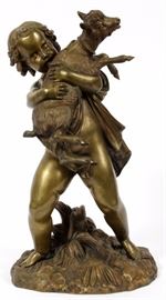 Lot#1003, BRONZE FIGURE GROUP, 19TH.C. H 13 1/2", CHERUB & GOAT. Depicting a cherub holding a young goat.  No apparent markings.  Measures H.13 1/2" x 7 1/2".