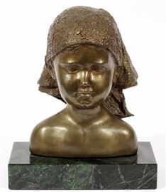 Lot#1004, EDNA HIBEL (AMERICAN, 1917-2014), BRONZE BUST, H 9 3/4"Depicting child with kerchief around head. Mounted on a marble base. Numbered 7/100. Signed.