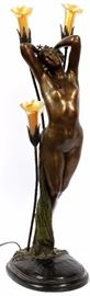 Lot#1005, AFTER EDOUARD LOUIS COLLET, BRONZE, H 41", "NOCTURNE"Three lily lights. "Nocturne", sculpture of standing nude figure with star on her forehead.