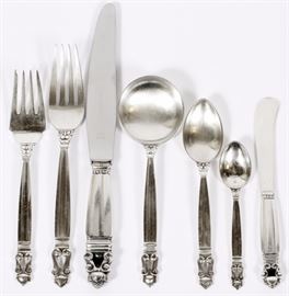 Lot#1025, GEORG JENSEN 'ACORN' STERLING FLATWARE, 139 PIECES. Including 21 forks, L.7 1/2", 17 salad forks, 8 soup spoons, 28 teaspoons, 22 demitasse spoons, 20 butter knives, 19 knives, L.9", and 1 small teaspoon, and 1 small butter spreader.  Together with 2 additional Reed and Barton knives, engraved at the handle.  Weighs 118.47 troy ounces weighable. The Estate of Frederick C. and Malora Matthaei.
