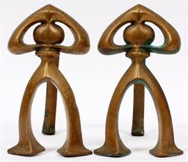 Lot#1087, ART DECO BRONZE ANDIRONS (9") & BELLOWS. Art Deco andirons, 9". German carved wood fireplace bellows, 18" with brass tip.