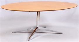 Lot#1103, RASMUSSEN MID CENTURY MODERN DINING TABLE. Having a chrome base and oak top.