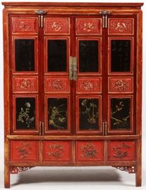 Lot#1104, CHINESE RED & BLACK LACQUER CABINET, H 72", W 53"Having hinged doors depicting a bird and floral motif. One lower drawer.  Measures H.71 1/2" x 52 1/2" x 23".