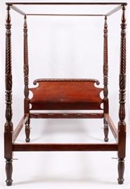 Lot#1116, MAHOGANY FOUR POSTER CANOPY BED.  Scroll, feather and swirl design. Curved headboard. Four poster with canopy top.