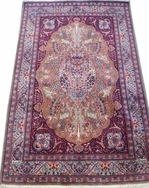 Lot#1187, VERY FINE PAK-PERSIAN WOOL CARPET, 1990-00, 7' 3" X 4' 7" An intricate leafy design in deep red, ivory, light blue, pink, and pale green.