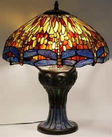 Lot#1272, TIFFANY STYLE DRAGONFLY LAMP, H 26", DIA 25"Dragonfly motif with cabochon "jewels.