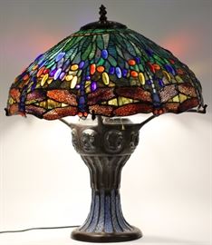Lot#1273, TIFFANY STYLE DRAGONFLY LAMP, H 26", D 25"Cabochon "jewel" enhancements.