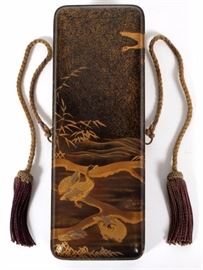Lot#1346, JAPANESE LACQUER SCHOLAR'S BOX, MEIJI PERIOD, L 9 1/2"  An antique box, rectangular shape, with motif of ducks among bamboo beneath flying cranes, with a silk cord.  Measures L.9 1/2" x 3 1/2" x 3".