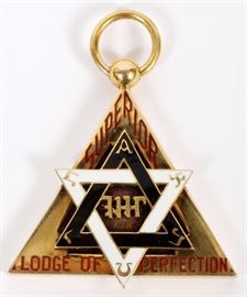 Lot#1404, CANADIAN MASONIC 14 KT GOLD PENDANT.  Having an internal enamel Star of David and marked Superior Lodge of Perfection.  On the reverse marked Presented To Ill. Bro. John Bell By The Officers & Members of Superior Lodge of Perfection On His Retiring From The Chair T.P.G.M.1923-24.  Marked on the underside Dingwall 14 KT.  14.5 grams including enamel.