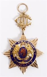 Lot#1405, 10 KT AND ENAMEL LODGE PENDANT.  Marked on the reverse To Bro. A. C. Johnson Pres. from Lodge Trinity No. 349 1930