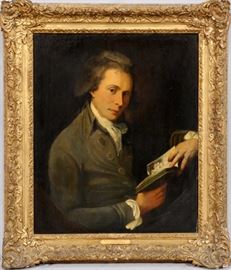 Lot#2001, JOHN HAMILTON MORTIMER (ENGLISH, 1740-1779) OIL ON CANVAS, PORTRAIT OF JOHN IRELAND. John Ireland (biographer of Hogarth) as nobleman wearing black formal waistcoat and depicted holding book. Frost and Reed label fixed to stretcher.