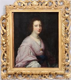 Lot#2002, OLD MASTER OIL ON CANVAS PORTRAIT OF LADY, H 30", W 24" Elegant lady wearing pearls and wearing violet costume with blue sash. Florentine frame. Unsigned.