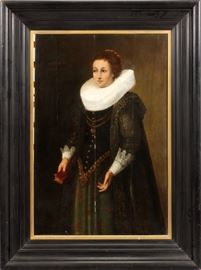 Lot#2007, ATT. TO NICHOLAES PICKENOY ELIASZ, OIL ON WOOD PANEL, 1631, H 49", W 39"Oil on cradled wood panel. Portrait of lady with lace collar and cuffs. Inscribed: "Aetatis 19  Anno 1631". Attributed to Nicholaes Pickenoy Eliasz, Dutch 1588 - 1650. From a Grosse Pointe Farms, Mi. collector.