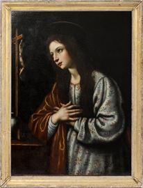 Lot#2009, OLD MASTER, MARY MAGDALENE, OIL ON CANVAS, LAID ON BOARD, 17TH C., H 40", W 30", 17th C. Florentine, in the manner of Trevisani or 17th C., the Spanish Colonial School.  Unsigned.  In the original peg constructed frame. Estate of Frederick C. and Malora Matthaei.