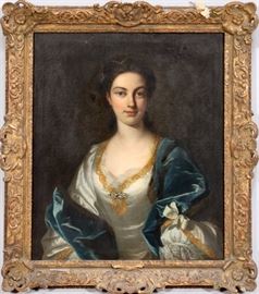 Lot#2004, ATT. TO JOSEPH HIGHMORE (ENGLISH, 1692-80), OIL ON CANVAS, H 30", W 25", LADY MARTHA BLOUNT. Attributed to Joseph Highmore, Lady Martha Blount 1690 - 1769 (member of the well-known Blount family of Maple Durham House, Berkshire. Shown as an attractive young woman wearing blue velvet mantle, gold braid trimmed satin dress with diamond brooch. Joseph Highmore (1691 - 1780) was a portrait artist of distinction in London and Bath. Frame size: 37" x 32".