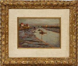 Lot#2010, HENRI LE SIDANER (FRENCH, 1862-1939), OIL ON BEVELED WOOD PANEL, H 6 1/8 ", W 8 3/4 ", "LA RIVIERE" Gilt Frame with linen liner; signed lower right.  Dutch ID label on verso (see photo detail).  Ex. Estate of Frederick C. and Malora Matthaei.