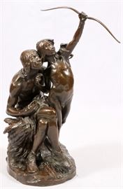 Lot#2014, HERMON ATKINS MACNEIL (AMERICAN, 1866-1947), BRONZE FIGURE GROUP, H 34 1/2", W 25", D 16", "THE SUN VOW" A Native American man and young boy with a bow.  By Roman Bronze Works, N.Y.  Signed.