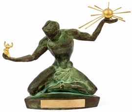 Lot#2015, MARSHALL M. FREDERICKS (AMERICAN, 1908-1998), BRONZE SCULPTURE, H 10 1/2", W 13", D 5", "SPIRIT OF DETROIT" *A portion of the proceeds of this sale will be donated to grassroots community economic development groups in Detroit.      Was one of the original sketch models for the "Spirit of Detroit", presented to Frederick C. Matthaei, Sr., October 13, 1960 (see photo details); signed.   Estate of Frederick C. and Malora Matthaei.