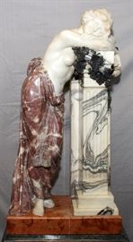 Lot#2018, RAFFAELLO ROMANELLI ITALIAN MARBLE FIGURE OF GIRL LEANING ON PEDESTAL H 35" W 11" L 18" including fitted pedestal 36 1/2" H  figure has five types of marble 1856-1928