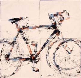 Lot#2022, ARMAN (FERNANDEZ ARMAN), MONOPRINT, ACRYLIC ON CANVAS IN FOUR SEPARATE PARTS, 1992.  Arman (1928 - 2005) Franco-American artist. Each canvas is 25" x 25" and may be assembled as wall display or used as pillows with fillers. Bicycle theme. Unframed. See exhibition booklet: "Il Giro Di Arman, Ferrara, Italy). Signed by the artist and documented by photos of him creating the piece in his NYC studio. See the artist's catalogue IL GIRO DI ARMAN, Ferrara, Italy 1992 for similar, yet more ephemeral, gouache on paper versions.