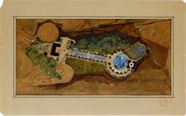 Lot#2027, FRANK LLOYD WRIGHT (1869-1959), WATERCOLOR & GOUACHE ARCHITECTURAL DRAWING, 1933, H 10 3/4", W 21 1/2", "A PRIVATE MAUSOLEUM"  Signed and dated 10/7/33 lower right; above size is image; University of Southern California Los Angeles School of Architecture round stamp in lower right; board size:  16" x 26".
